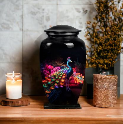 Elegant Peacock Cremation Urn as a vibrant element of funeral decorations, ideal for adult human ashes preservation and burial