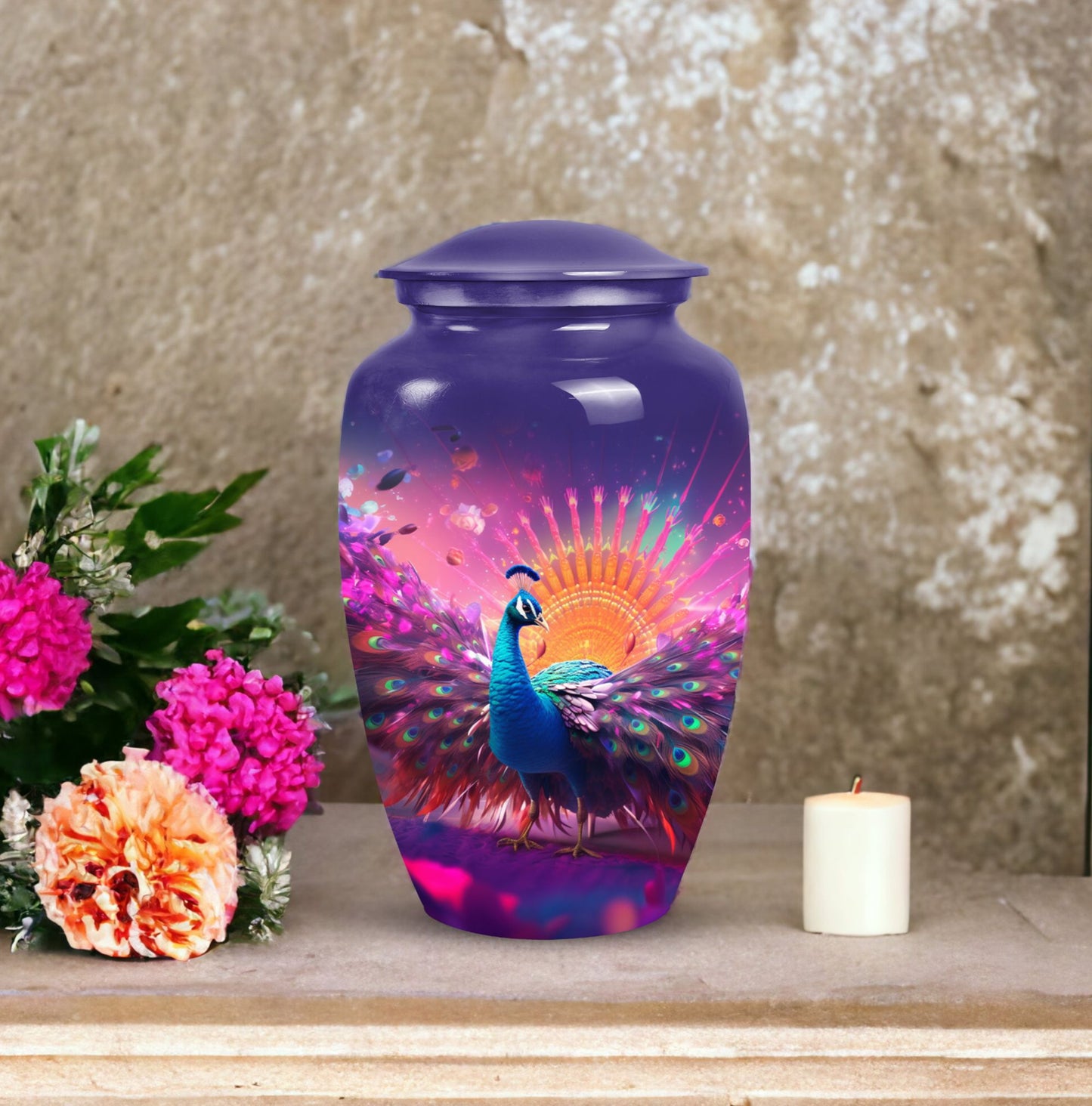 Decorative Peacock urn for human ashes, suitable for burial of male and female adults