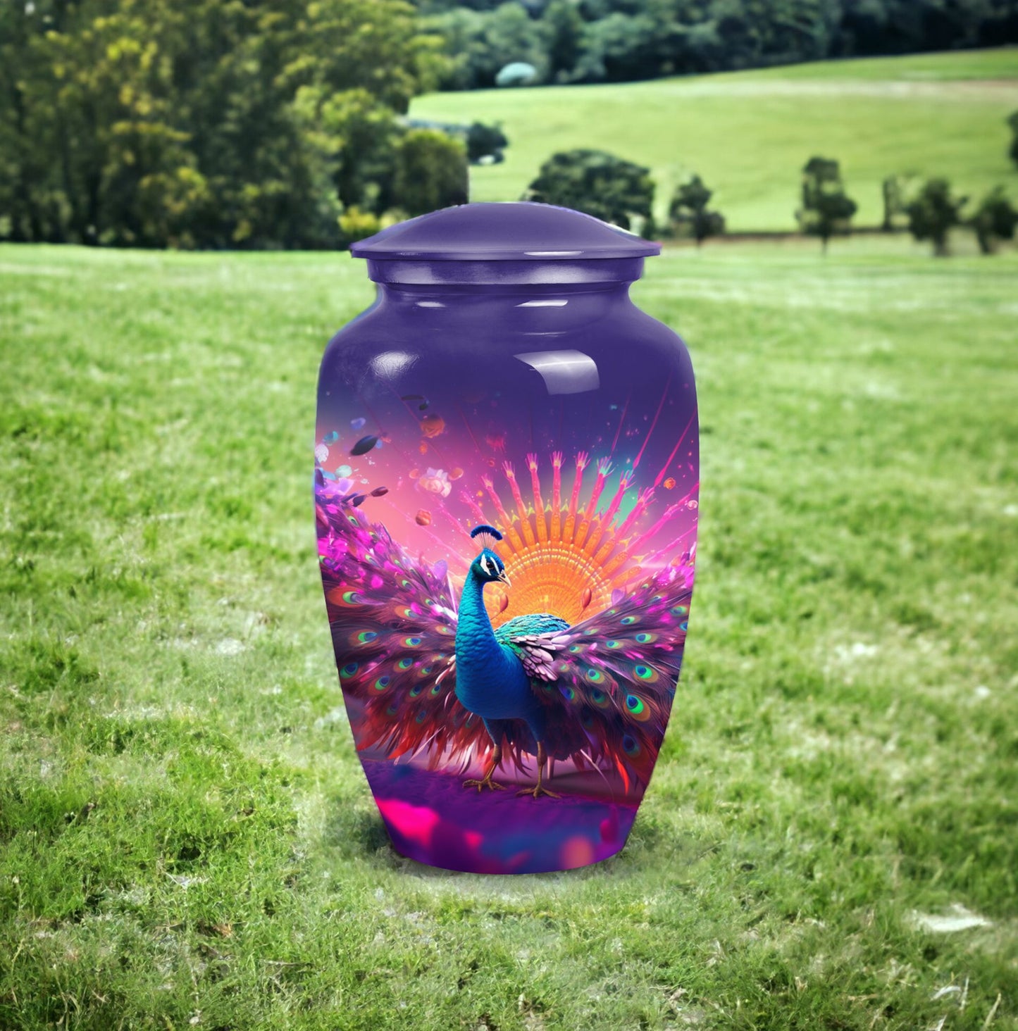 Decorative Peacock urn for human ashes, suitable for burial of male and female adults
