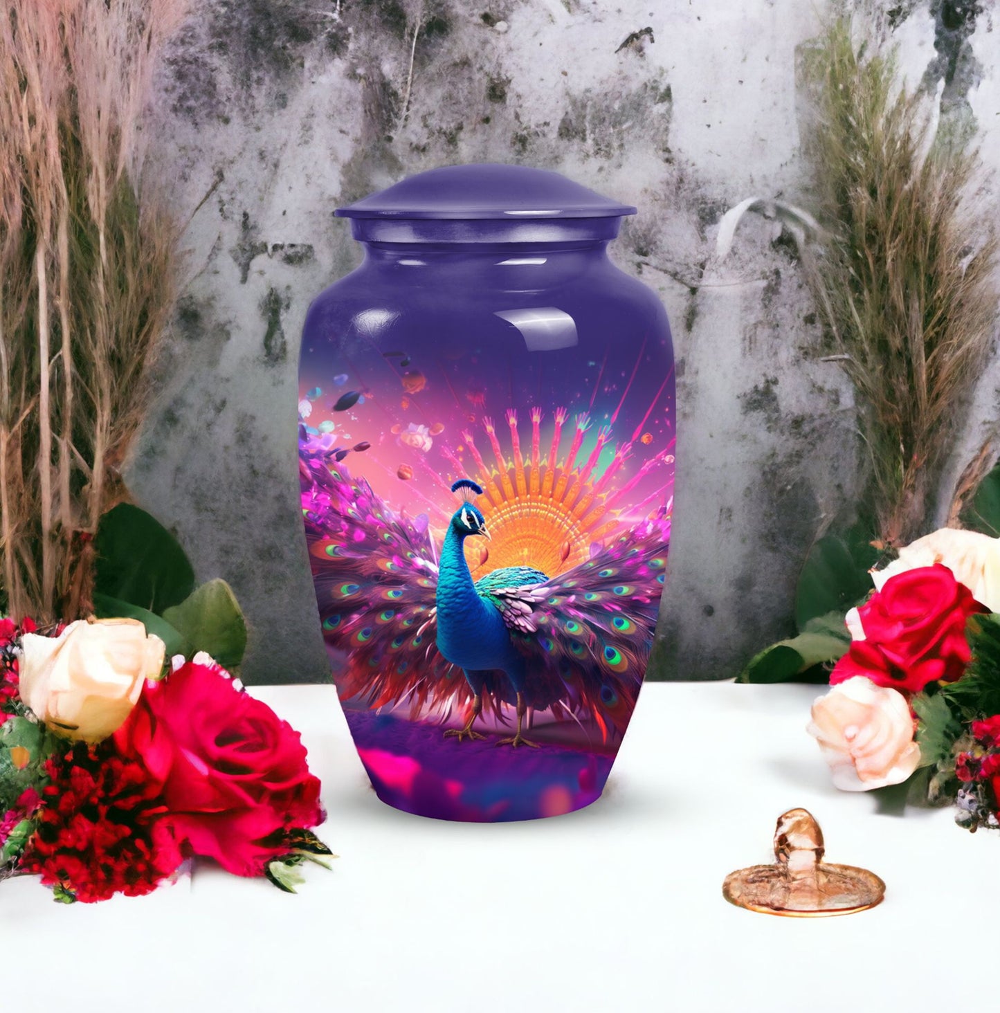 Decorative Peacock urn for human ashes, suitable for burial of male and female adults