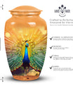 Elegantly designed Peacock-themed cremation urn for storing human ashes, suitable for both adult males and females.
