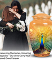 Elegantly designed Peacock-themed cremation urn for storing human ashes, suitable for both adult males and females.