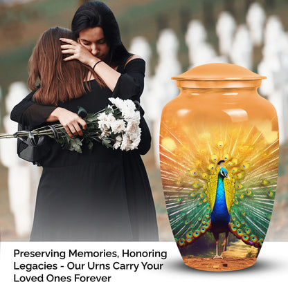 Elegantly designed Peacock-themed cremation urn for storing human ashes, suitable for both adult males and females.