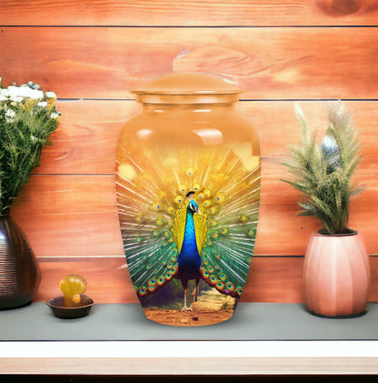 Elegantly designed Peacock-themed cremation urn for storing human ashes, suitable for both adult males and females.