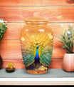 Elegantly designed Peacock-themed cremation urn for storing human ashes, suitable for both adult males and females.