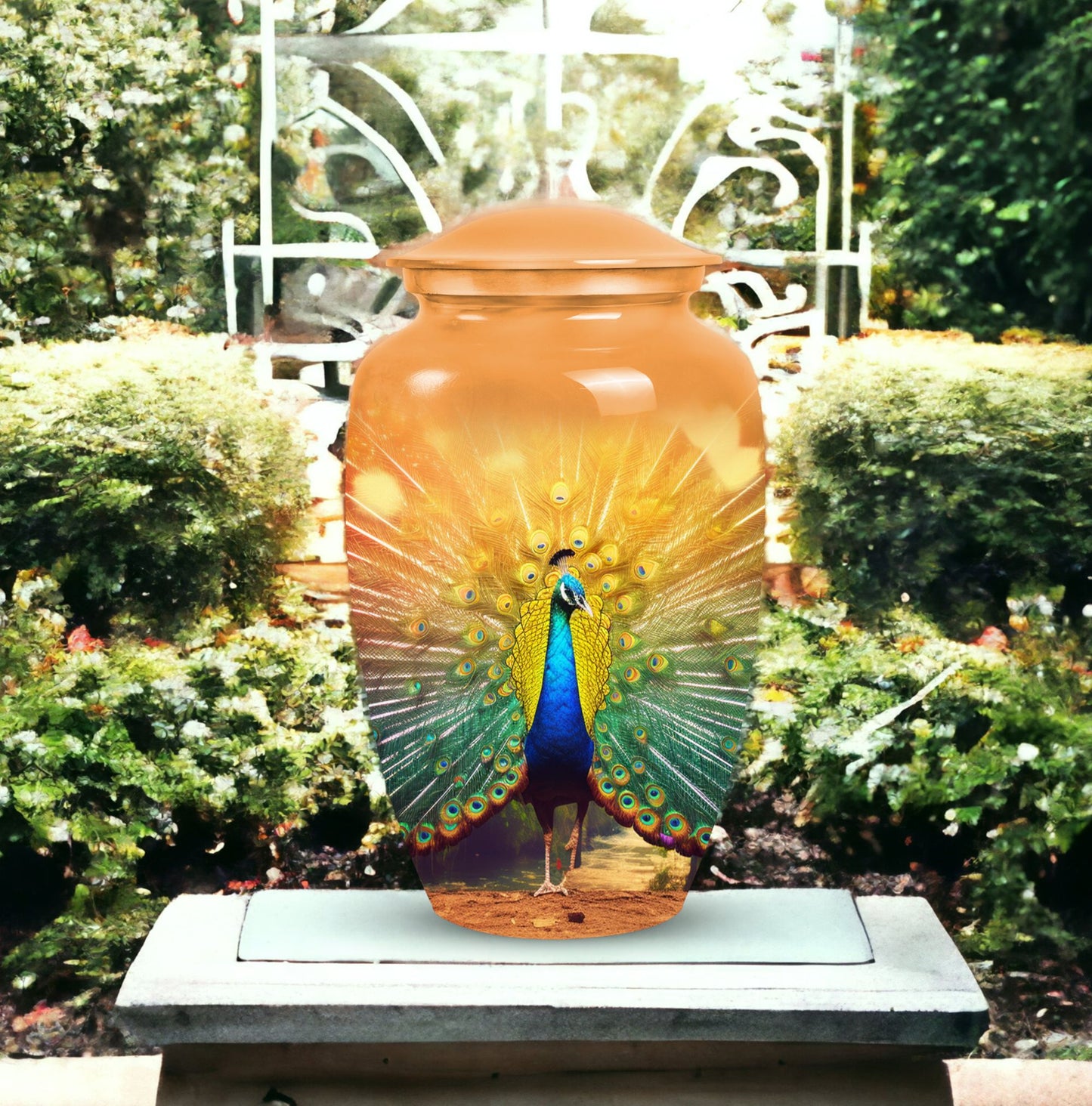 Elegantly designed Peacock-themed cremation urn for storing human ashes, suitable for both adult males and females.