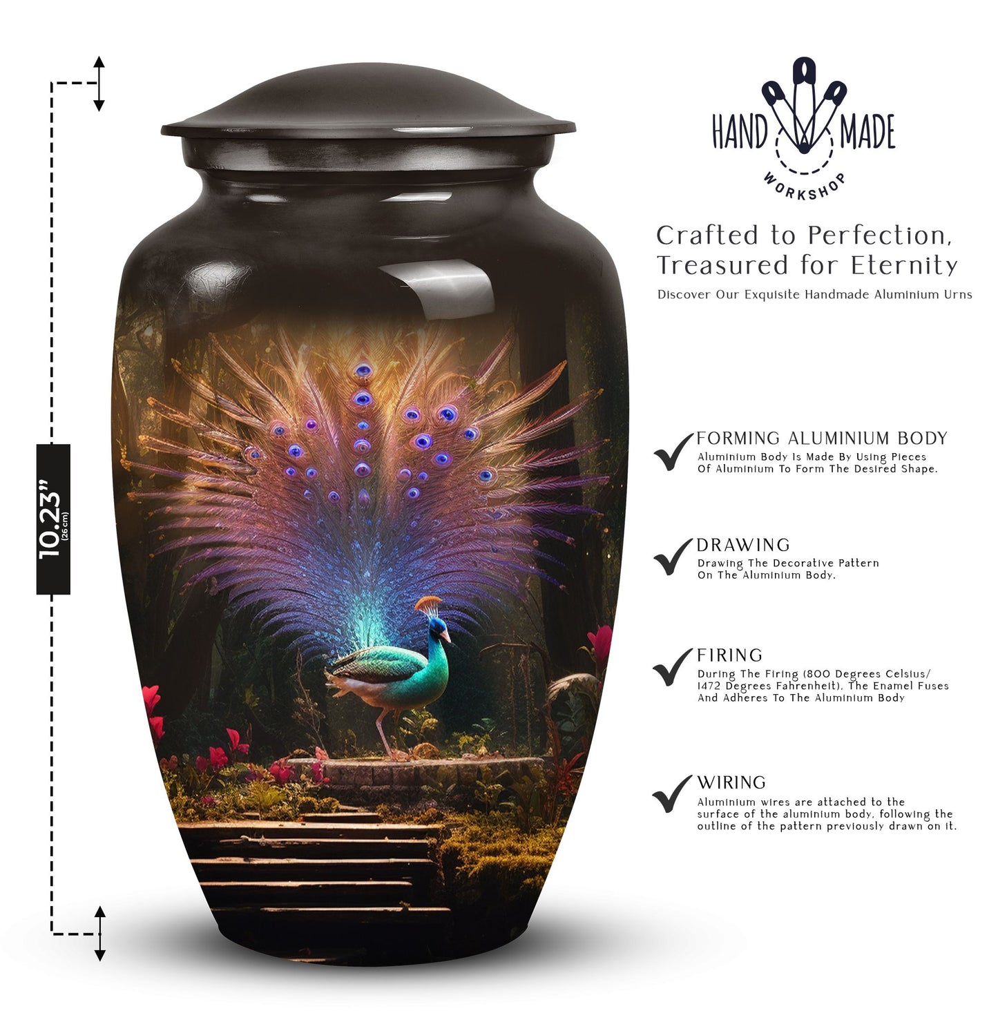 Elegant peacock-themed cremation urn for adult male ashes, ideal for a cherished remembrance