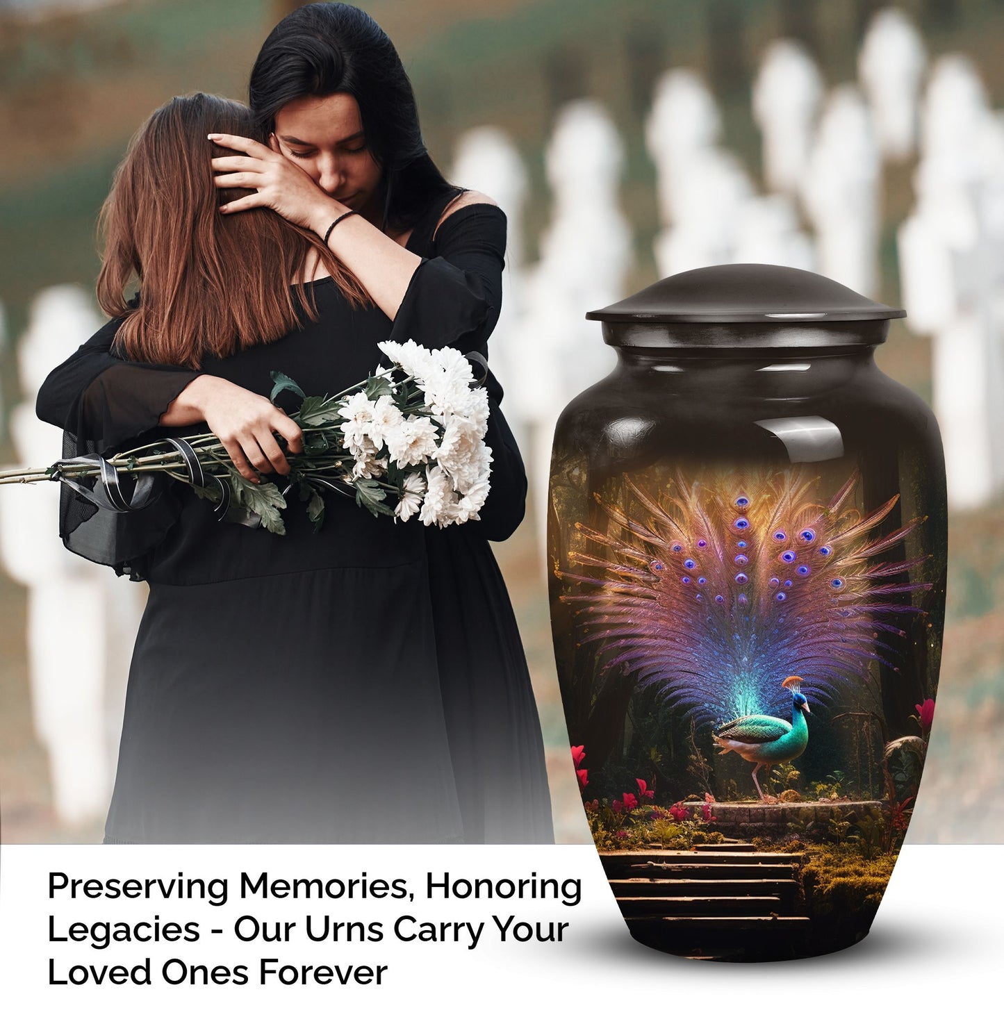 Elegant peacock-themed cremation urn for adult male ashes, ideal for a cherished remembrance