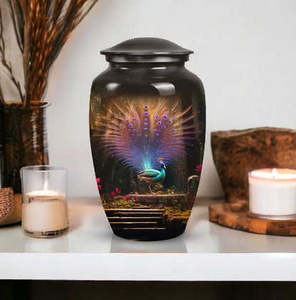 Elegant peacock-themed cremation urn for adult male ashes, ideal for a cherished remembrance