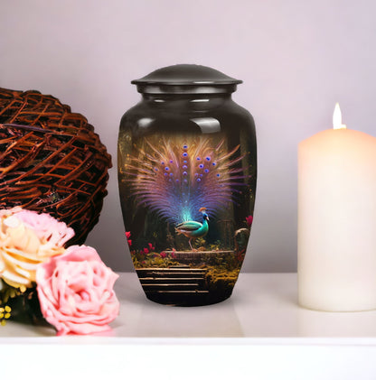 Elegant peacock-themed cremation urn for adult male ashes, ideal for a cherished remembrance