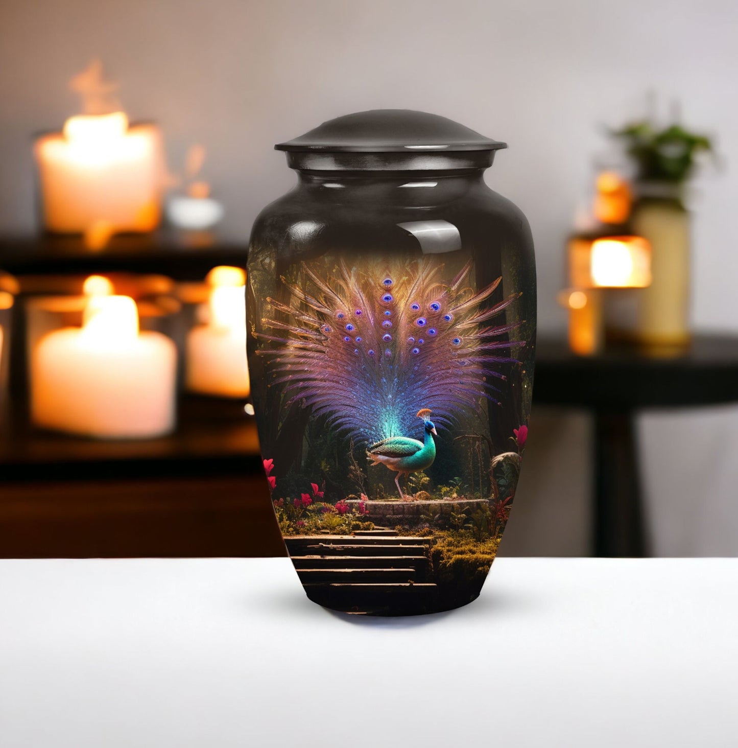 Elegant peacock-themed cremation urn for adult male ashes, ideal for a cherished remembrance