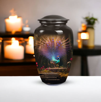 Elegant peacock-themed cremation urn for adult male ashes, ideal for a cherished remembrance