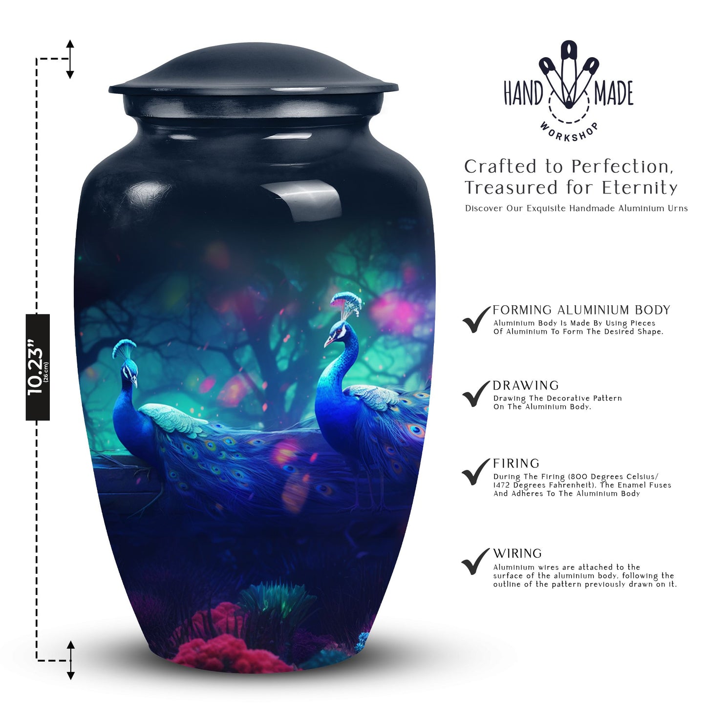 Peacock design adult cremation urn for human ashes