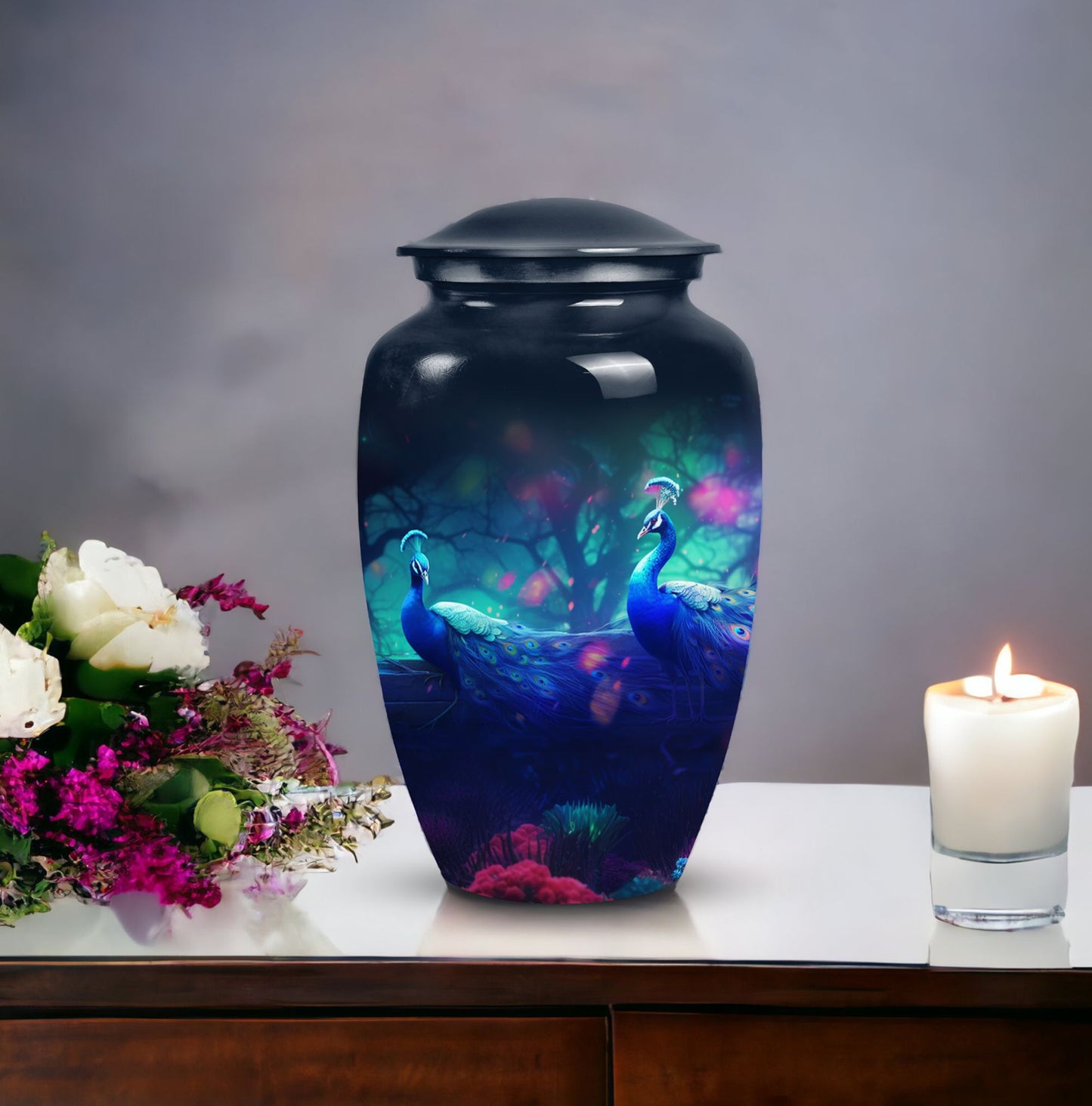 Peacock design adult cremation urn for human ashes
