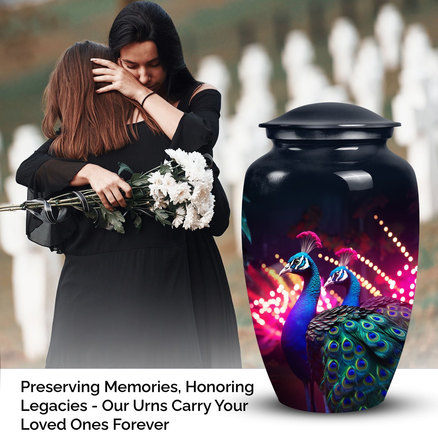Decorative Peacock urn for adult human ashes, ideal for funeral decorations or burial, suitable for women