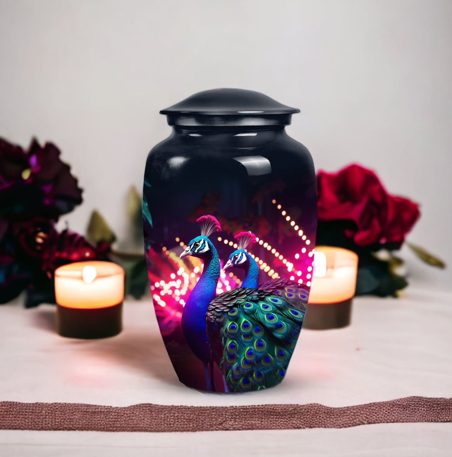 Decorative Peacock urn for adult human ashes, ideal for funeral decorations or burial, suitable for women
