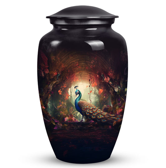 Medium-sized peacock themed urn for human ashes, ideal for cremation ashes of men or as a fatherly remembrance.