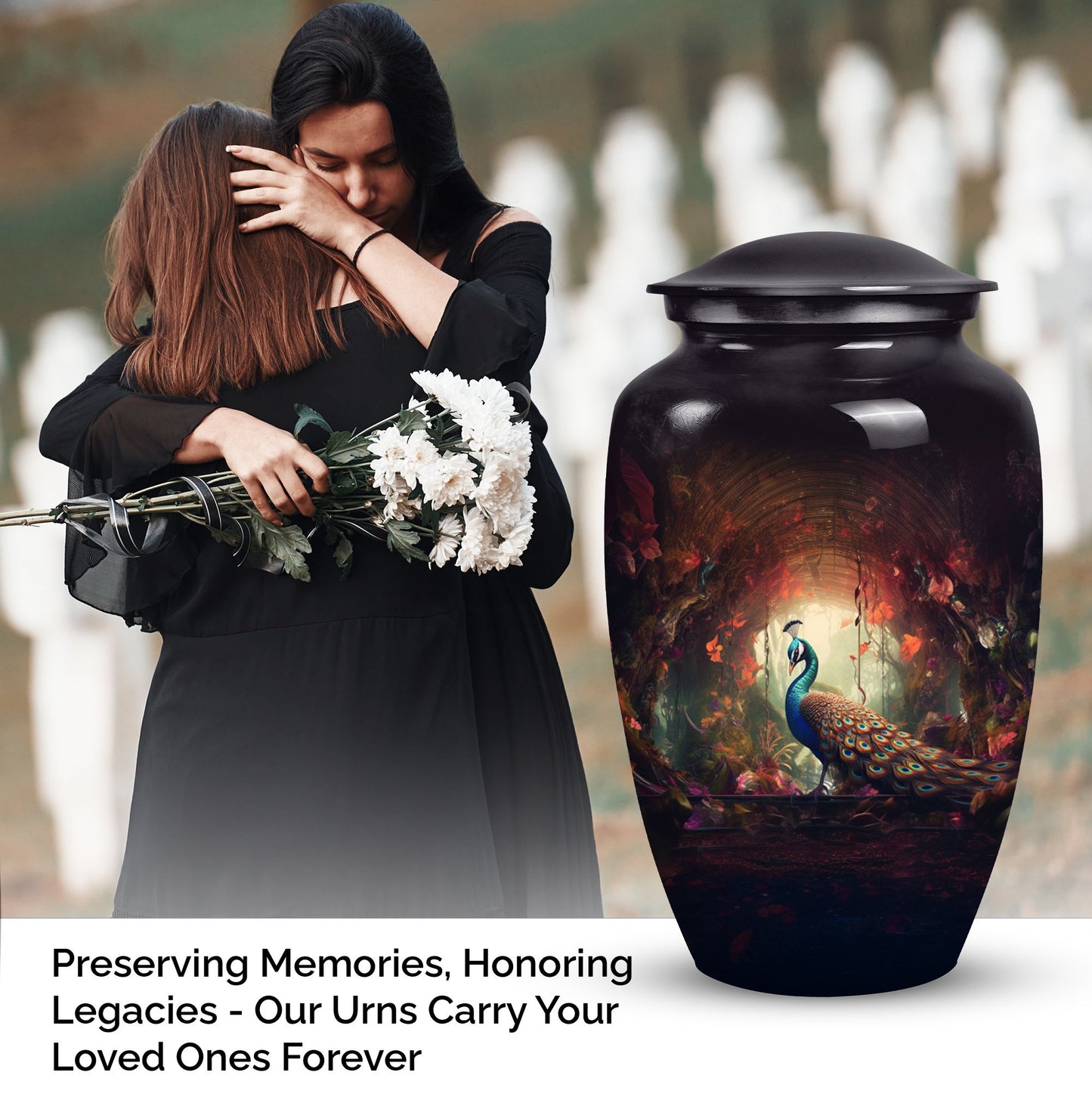 Medium-sized peacock themed urn for human ashes, ideal for cremation ashes of men or as a fatherly remembrance.
