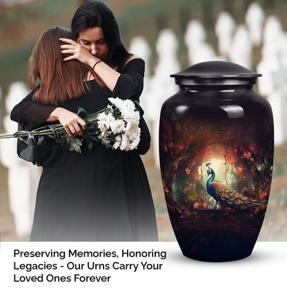Medium-sized peacock themed urn for human ashes, ideal for cremation ashes of men or as a fatherly remembrance.