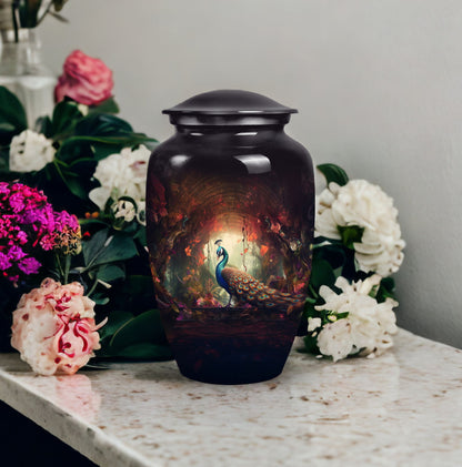 Medium-sized peacock themed urn for human ashes, ideal for cremation ashes of men or as a fatherly remembrance.