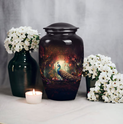 Medium-sized peacock themed urn for human ashes, ideal for cremation ashes of men or as a fatherly remembrance.