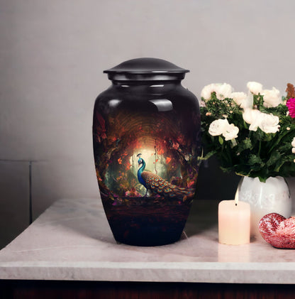 Medium-sized peacock themed urn for human ashes, ideal for cremation ashes of men or as a fatherly remembrance.