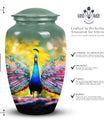 Elegant peacock-themed mosaic cremation urn for men and women, suitable for human ashes