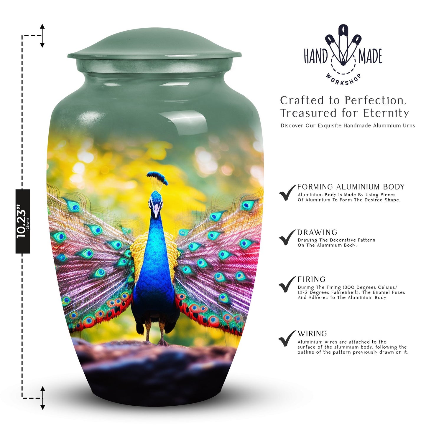 Elegant peacock-themed mosaic cremation urn for men and women, suitable for human ashes