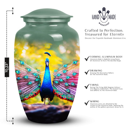 Elegant peacock-themed mosaic cremation urn for men and women, suitable for human ashes