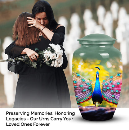 Elegant peacock-themed mosaic cremation urn for men and women, suitable for human ashes