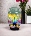 Elegant peacock-themed mosaic cremation urn for men and women, suitable for human ashes