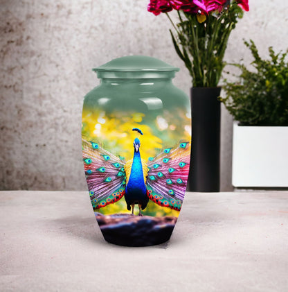 Elegant peacock-themed mosaic cremation urn for men and women, suitable for human ashes