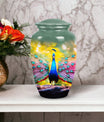 Elegant peacock-themed mosaic cremation urn for men and women, suitable for human ashes