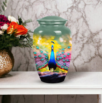Elegant peacock-themed mosaic cremation urn for men and women, suitable for human ashes