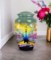 Elegant peacock-themed mosaic cremation urn for men and women, suitable for human ashes