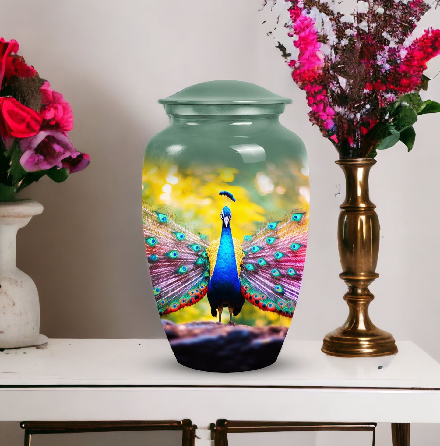 Elegant peacock-themed mosaic cremation urn for men and women, suitable for human ashes