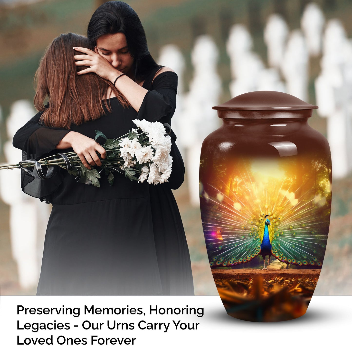 Beautiful peacock designed cremation urn for women, ideal for burying adult male ashes