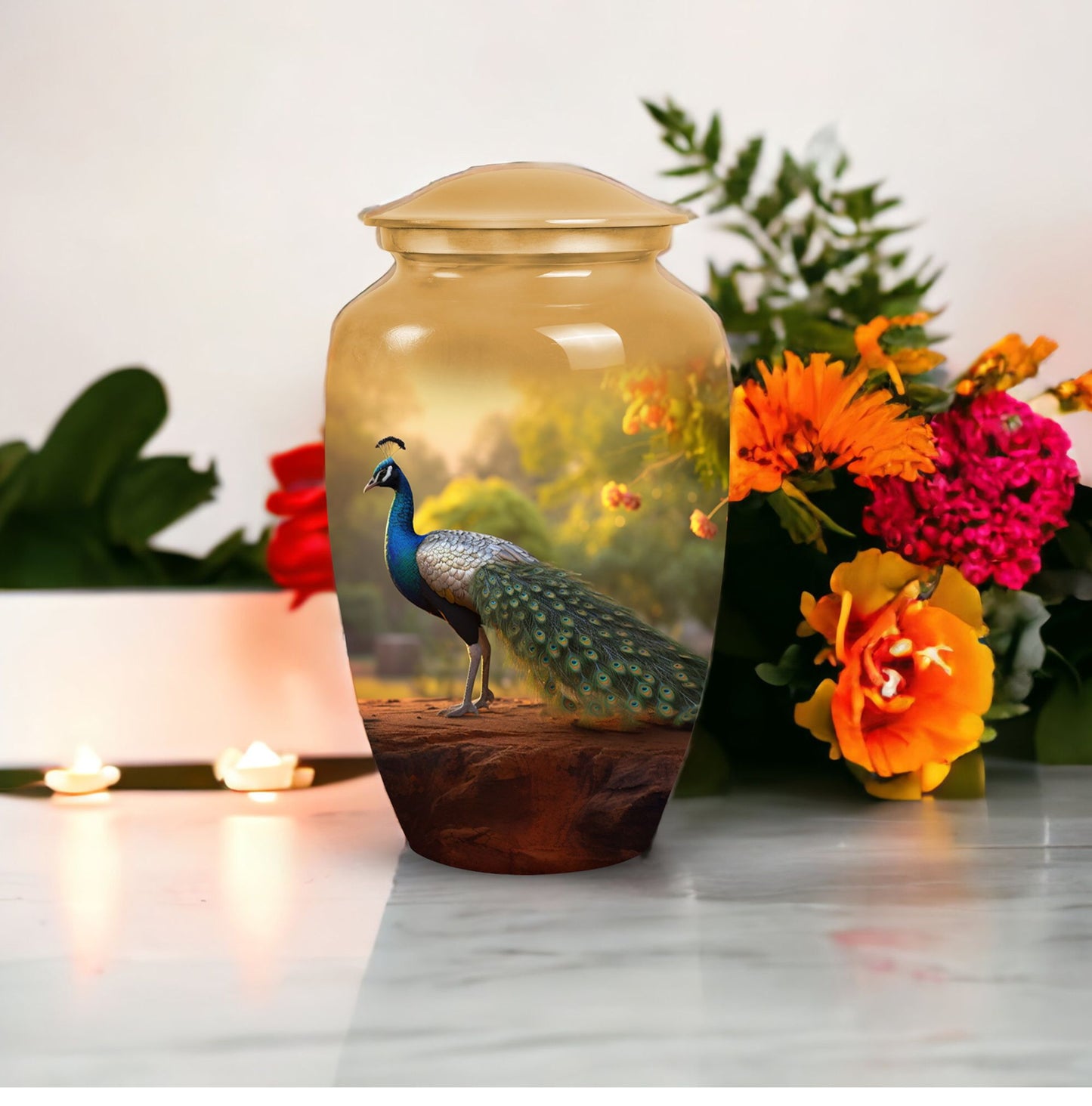 Elegant Peacock themed funeral urn, suitable for adult male human ashes