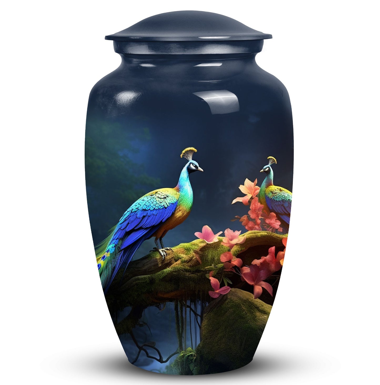 Beautiful peacock-themed decorative urn suitable for adult human ashes, ideal cremation urn for men's ashes.