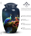 Beautiful peacock-themed decorative urn suitable for adult human ashes, ideal cremation urn for men's ashes.