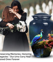 Beautiful peacock-themed decorative urn suitable for adult human ashes, ideal cremation urn for men's ashes.