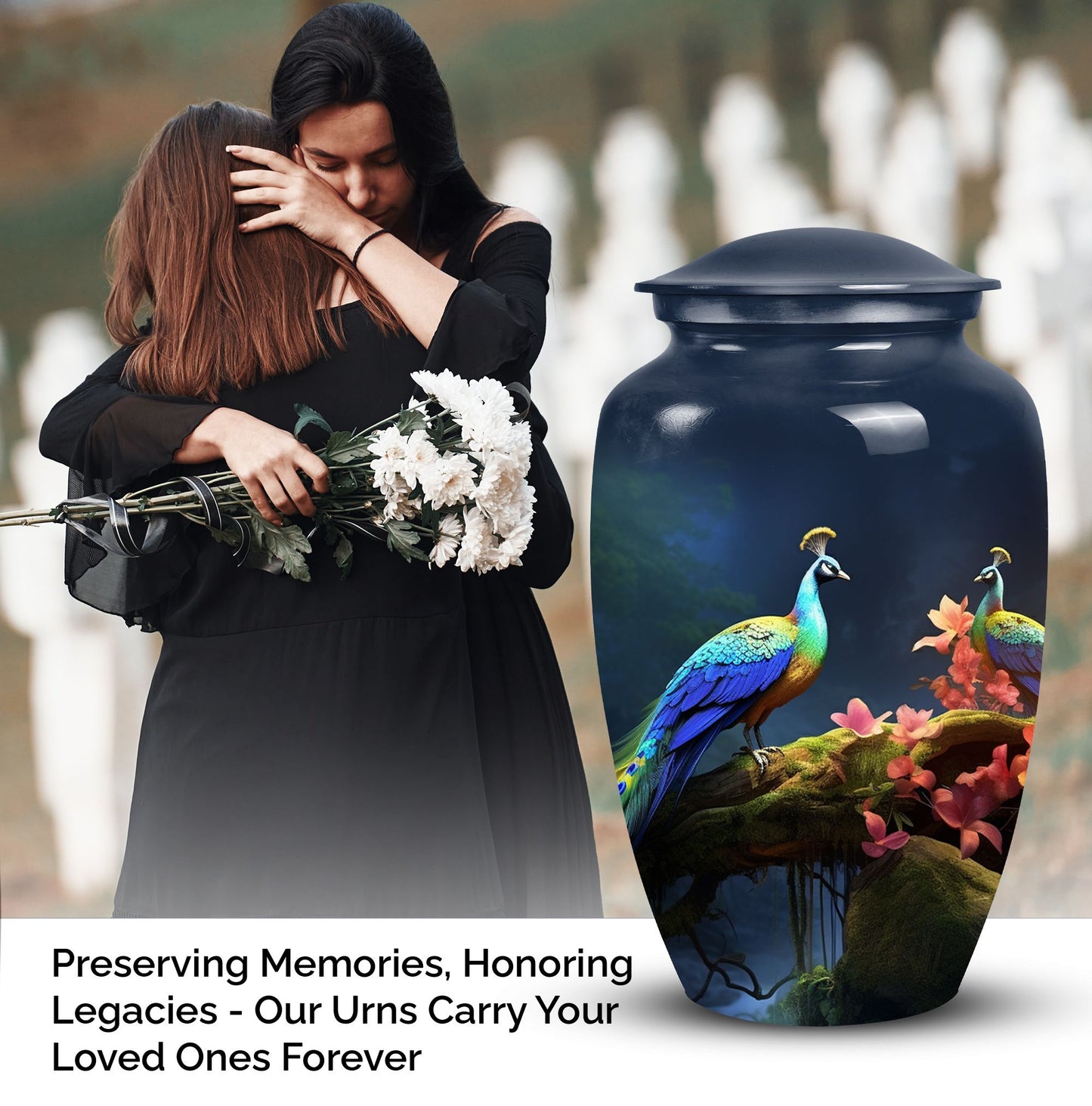 Beautiful peacock-themed decorative urn suitable for adult human ashes, ideal cremation urn for men's ashes.