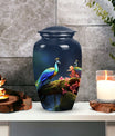 Beautiful peacock-themed decorative urn suitable for adult human ashes, ideal cremation urn for men's ashes.