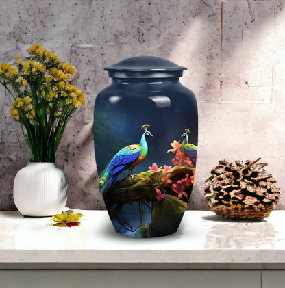 Beautiful peacock-themed decorative urn suitable for adult human ashes, ideal cremation urn for men's ashes.
