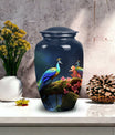 Beautiful peacock-themed decorative urn suitable for adult human ashes, ideal cremation urn for men's ashes.