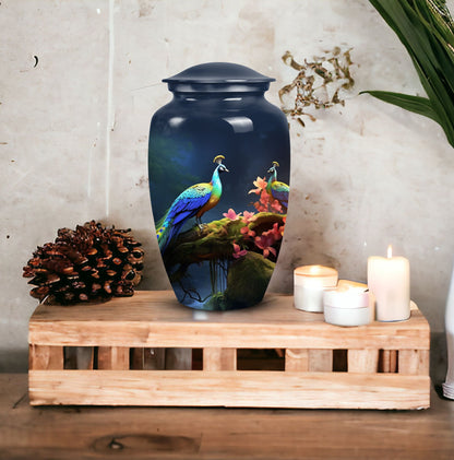 Beautiful peacock-themed decorative urn suitable for adult human ashes, ideal cremation urn for men's ashes.