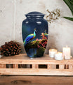 Beautiful peacock-themed decorative urn suitable for adult human ashes, ideal cremation urn for men's ashes.