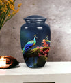 Beautiful peacock-themed decorative urn suitable for adult human ashes, ideal cremation urn for men's ashes.