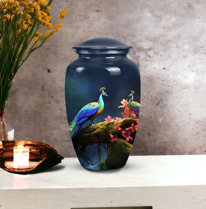 Beautiful peacock-themed decorative urn suitable for adult human ashes, ideal cremation urn for men's ashes.