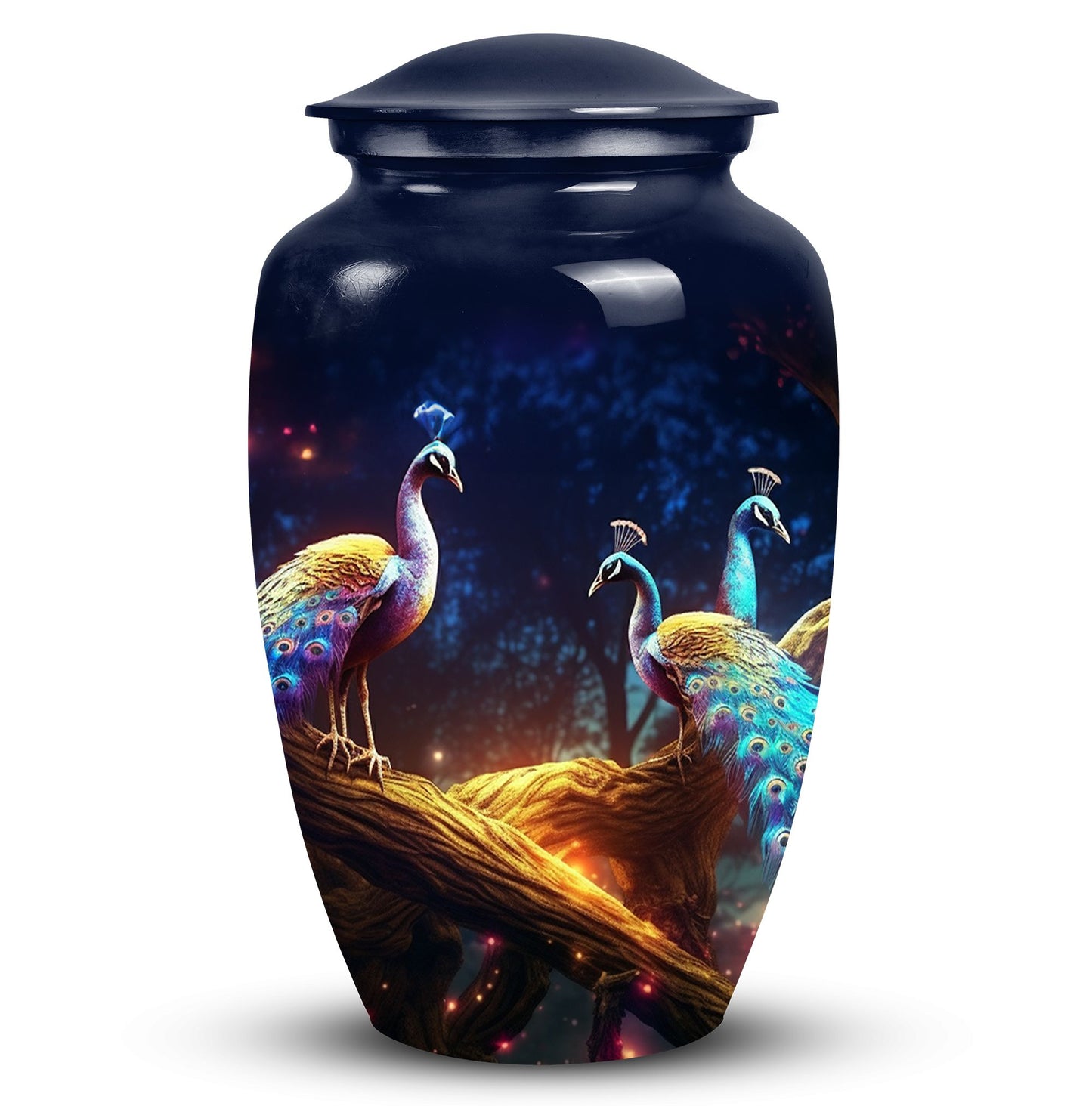 Medium size peacock-themed decorative urn crafted from metal, suitable for burial in ground, unique and portable for human ashes